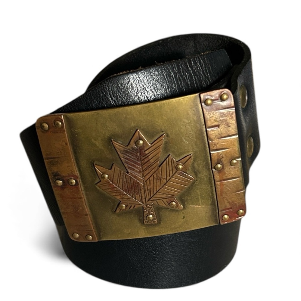 Noah’s Art Montreal Brass Handmade Maple Leaf Buckle with Black Leather Belt 36